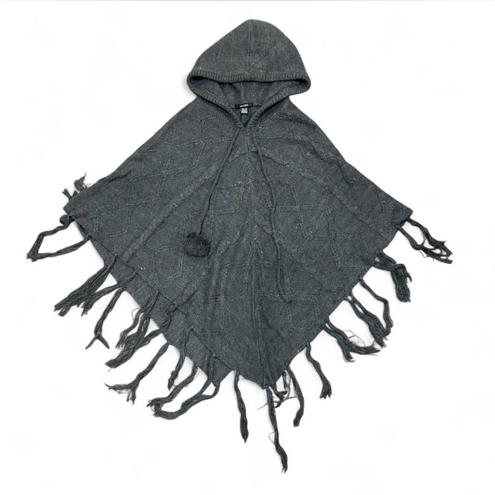 Gray Hooded Poncho with Fringe